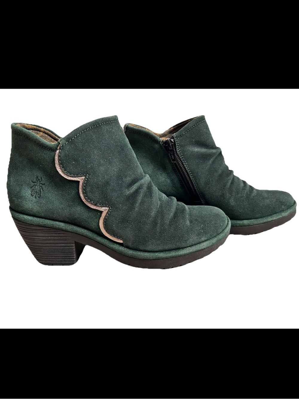 Fly London Green Suede Scalloped Ankle Boots NWT Size 37 Chunky Heel